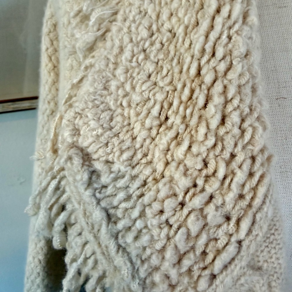 Cream Wool-Blend Fringe Cardigan | Boho Open Front Coatigan - Picture 6 of 13